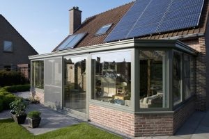 Пристроенная веранда с кирпичным фундаментом и большими окнами Пристроенная веранда с кирпичным фундаментом и большими окнами