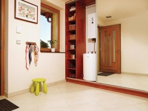 Большую конструкцию двухконтурного электрического котла можно спрятать в шкафу-купе в прихожей Электрический котел для отопления частного дома, цены и виды 3