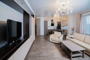 Белый бесшовный натяжной потолок в гостиной Белый бесшовный натяжной потолок в гостиной