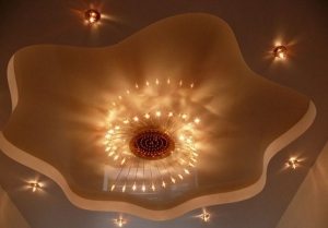 Двухуровневая конструкция потолка из ПВХ-пленки и листов гипсокартона Двухуровневая конструкция потолка из ПВХ-пленки и листов гипсокартона