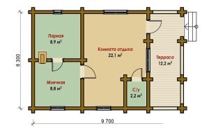 Проект бани 9,7 х 6,3 м с комнатой отдыха и террасой Проект бани 9,7 х 6,3 м с комнатой отдыха и террасой