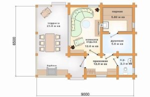 План бани с комнатой отдыха, террасой и барбекю План бани с комнатой отдыха, террасой и барбекю