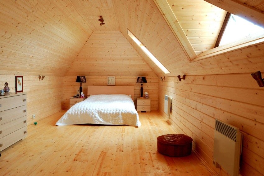 Потолки и стены спальни оформлены с помощью имитации бруса