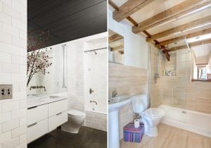 Потолки в ванной с использованием пластика и бруса из дерева Потолки в ванной с использованием пластика и бруса из дерева