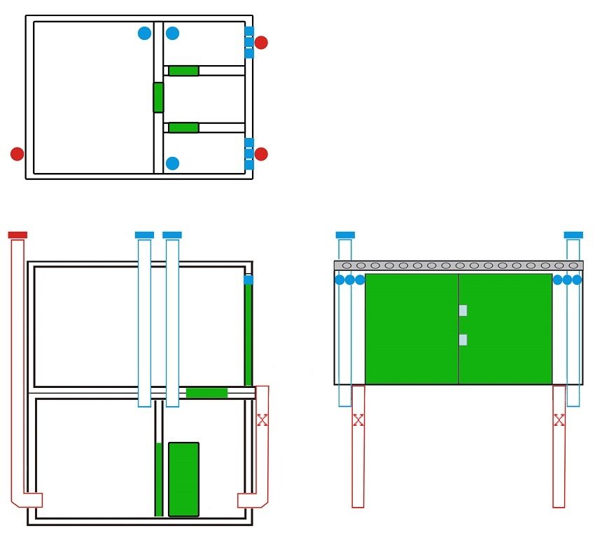 Схема обустройства приточно-вытяжной вентиляции в гараже с погребом, состоящим из нескольких отделений