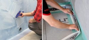 Сначала влагостойким составом обрабатывают стены, затем - углы и пол ванной комнаты Сначала влагостойким составом обрабатывают стены, затем - углы и пол ванной комнаты