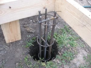 Каркас арматуры устанавливается в вырытую яму, на дно которой укладывается песчано-гравийное основание
