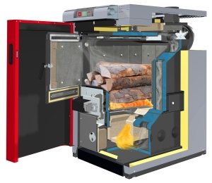 В пиролизных котлах используется повторная подача воздуха, продлевая длительность прогорания закладки топлива до 10-12 часов В пиролизных котлах используется повторная подача воздуха, продлевая длительность прогорания закладки топлива до 10-12 часов