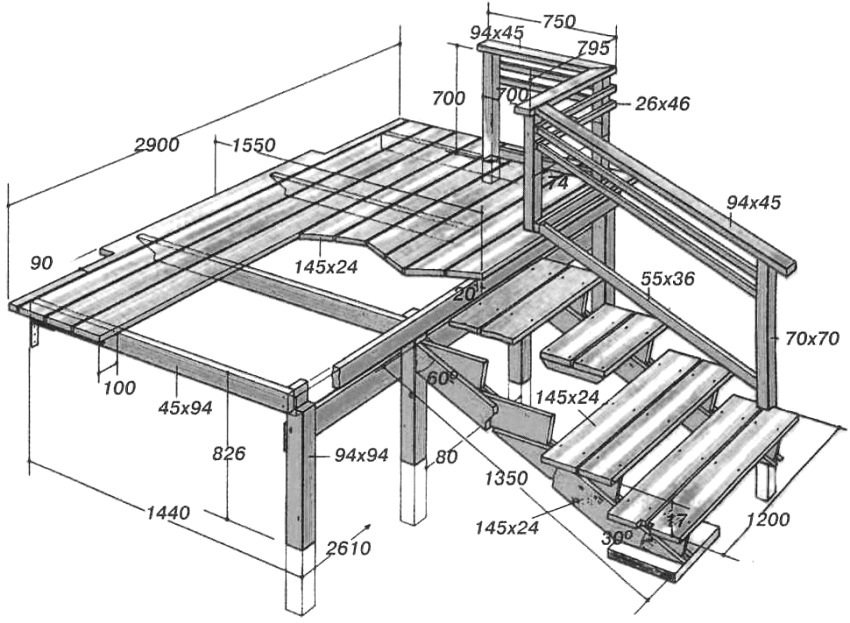 Подробная схема с размерами для возведения деревянной лестницы
