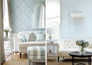 Нежно-голубые пастельные тона обоев в отделке стен гостиной Нежно-голубые пастельные тона обоев в отделке стен гостиной