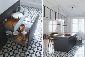 Диагональная укладка плитки на полу современной кухни Диагональная укладка плитки на полу современной кухни