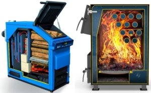 Вид в разрезе традиционного твердотопливного котла (слева) и твердотопливного котла длительного горения (справа) Вид в разрезе традиционного твердотопливного котла (слева) и твердотопливного котла длительного горения (справа)