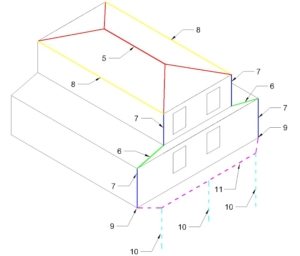 Схема расположения системы защиты от молний. Цифры указывают на места размещения тоководов. Пунктирными линиями показаны элементы заземления, соединенные с тоководами молниезащиты Схема расположения системы защиты от молний. Цифры указывают на места размещения тоководов. Пунктирными линиями показаны элементы заземления, соединенные с тоководами молниезащиты
