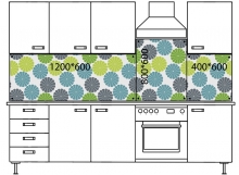 Схема размещения нескольких стеклянных панелелей на рабочей стене кухни Схема размещения нескольких стеклянных панелелей на рабочей стене кухни