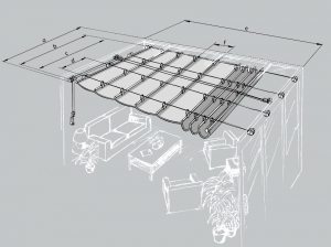 Размеры маркизы над верандой: а - ширина веранды, b - общая ширина маркизы, с - ширина полотна, d - расстояние между креплениями (фестонами), f - расстояние между планками Размеры маркизы над верандой: а - ширина веранды, b - общая ширина маркизы, с - ширина полотна, d - расстояние между креплениями (фестонами), f - расстояние между планками