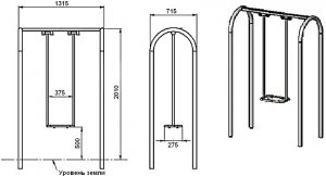 Схема устройства и монтажные размеры каркаса качелей из металла Схема устройства и монтажные размеры каркаса качелей из металла