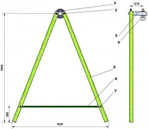 Схема устройства каркаса качелей из металла со стойками А-образной формы: 1 - фланец; 2 - гайка; 3 - перекладина; 4 - рым-гайка; 5 - стойка рамы-опоры; 6 - стяжка рамы; 7 - болт Схема устройства каркаса качелей из металла со стойками А-образной формы: 1 - фланец; 2 - гайка; 3 - перекладина; 4 - рым-гайка; 5 - стойка рамы-опоры; 6 - стяжка рамы; 7 - болт