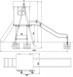 Чертеж детской горки для дачи. Габаритные размеры: длина - 3020 мм; ширина - 890 мм; высота - 1800 мм. Максимальный вес пользователя - 100 кг, минимальный возраст ребенка - 3 года Чертеж детской горки для дачи. Габаритные размеры: длина - 3020 мм; ширина - 890 мм; высота - 1800 мм. Максимальный вес пользователя - 100 кг, минимальный возраст ребенка - 3 года