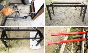 Создание скамейки из профильной трубы. Шаг 3: монтаж кованых элементов; шлифовка сварных швов; покраска металлического каркаса и деревянных брусьев Создание скамейки из профильной трубы. Шаг 3: монтаж кованых элементов; шлифовка сварных швов; покраска металлического каркаса и деревянных брусьев