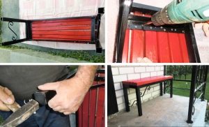 Создание скамейки из профильной трубы. Шаг 4: с помощью саморезов закрепляем бруски на каркасе, закрываем ножки пластиковыми заглушками Создание скамейки из профильной трубы. Шаг 4: с помощью саморезов закрепляем бруски на каркасе, закрываем ножки пластиковыми заглушками