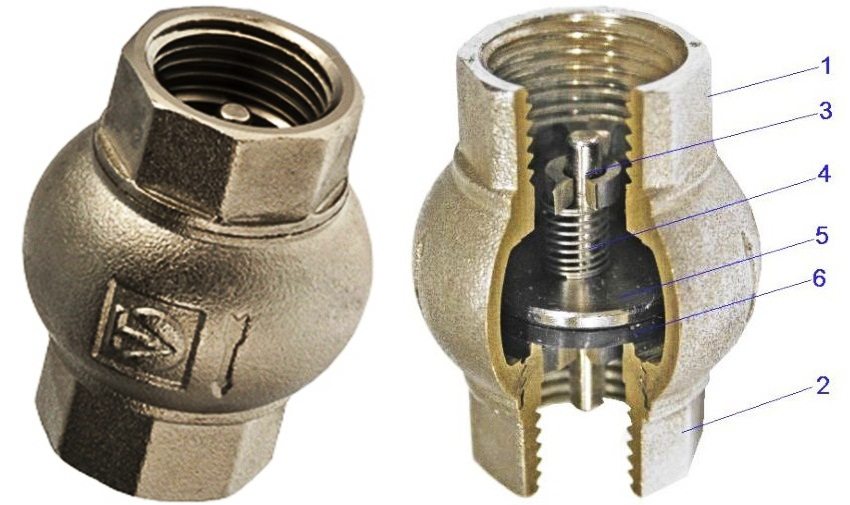 Устройство обратного клапана пружинного с латунным золотником: 1 и 2 - латунный никелированный корпус, 3 - подвижный золотник, 4 - пружина, 5 - латунные золотниковые тарелки, 6 - прокладка из EPDM