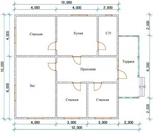 План одноэтажного дома с тремя спальнями, 10х12 м План одноэтажного дома с тремя спальнями, 10х12 м