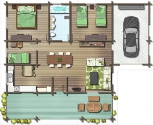 Планировка одноэтажного дома 8 на 10 м с гаражом и большой террасой Планировка одноэтажного дома 8 на 10 м с гаражом и большой террасой