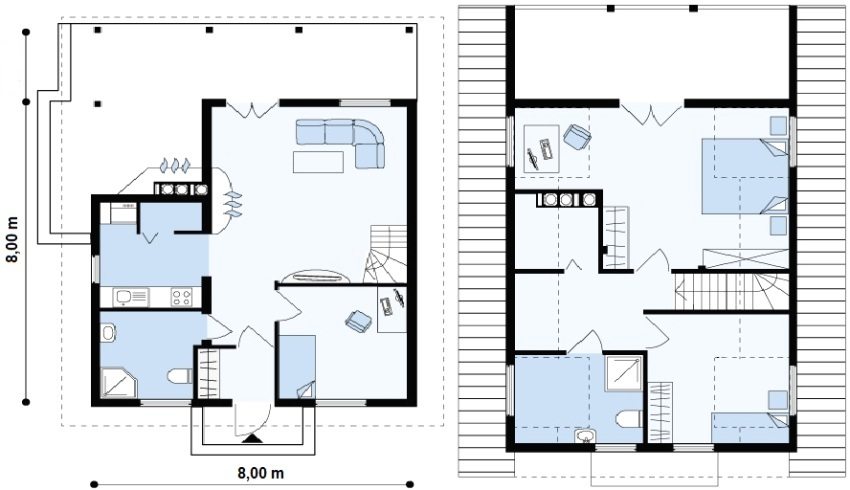 Проект двухэтажного дома 8х8 с мансардой: планы первого и мансардного этажей