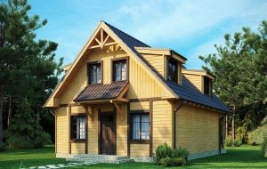 Проект двухэтажного дома 8х8 с мансардой: вид на фасад с главным входом Проект двухэтажного дома 8х8 с мансардой: вид на фасад с главным входом