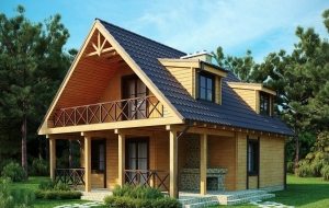 Проект двухэтажного дома 8х8 с мансардой: вид на задний двор с террасой и каменной печью Проект двухэтажного дома 8х8 с мансардой: вид на задний двор с террасой и каменной печью