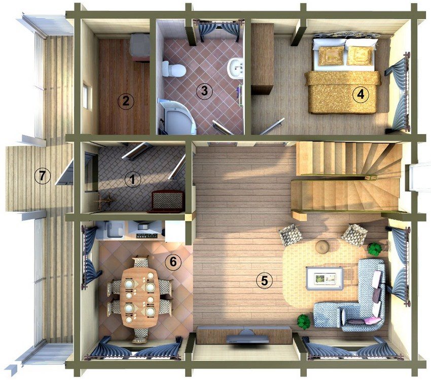 Проект двухэтажного дома 6х6 м. План первого этажа: 1 - прихожая; 2 - хозблок; 3 - санузел; 4 - спальня (детская, кабинет); 5 - гостинная; 6 - кухня