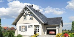 Проект 7. Фасад двухэтажного дома 12х12 м с гаражом Проект 7. Фасад двухэтажного дома 12х12 м с гаражом