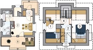 Проект 1. План первого этажа: 1 – тамбур, 2 – гостиная, 3 – кухня, 4 – ванная, 5 – терраса. План второго этажа: 1 – спальня, 2 – гардеробная, 3 – спальня, 4 – лестничный холл Проект 1. План первого этажа: 1 – тамбур, 2 – гостиная, 3 – кухня, 4 – ванная, 5 – терраса. План второго этажа: 1 – спальня, 2 – гардеробная, 3 – спальня, 4 – лестничный холл