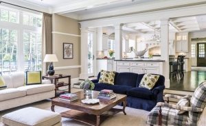 Помещения кухни-столовой и гостиной отделены друг от друга с помощью мебели Помещения кухни-столовой и гостиной отделены друг от друга с помощью мебели