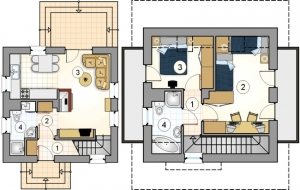 Проект 3. План первого этажа: 1 – прихожая, 2 – коридор, 3 – кухня-гостиная, 4 – ванная. План второго этажа: 1 – коридор, 2 – детская, 3 – спальня, 4 – ванная Проект 3. План первого этажа: 1 – прихожая, 2 – коридор, 3 – кухня-гостиная, 4 – ванная. План второго этажа: 1 – коридор, 2 – детская, 3 – спальня, 4 – ванная