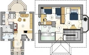 Проект 4. План первого этажа: 1 – прихожая, 2 – гостиная, 3 – кухня-столовая, 4 – кладовая, 5 - ванная. План второго этажа: 1 – коридор, 2 – ванная, 3 – детская, 4 - спальня Проект 4. План первого этажа: 1 – прихожая, 2 – гостиная, 3 – кухня-столовая, 4 – кладовая, 5 - ванная. План второго этажа: 1 – коридор, 2 – ванная, 3 – детская, 4 - спальня