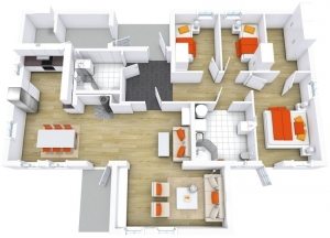 Трехмерный проект дома с грамотным разделением ночной и дневной зон Трехмерный проект дома с грамотным разделением ночной и дневной зон