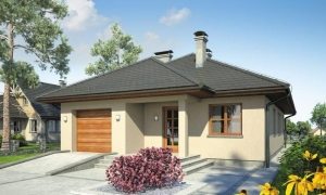 Проект 1. Вид на фасад одноэтажного дома с главным входом Проект 1. Вид на фасад одноэтажного дома с главным входом