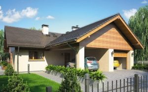 Проект 3. Вид на фасад одноэтажного дома с гаражом и дополнительным парковочным местом Проект 3. Вид на фасад одноэтажного дома с гаражом и дополнительным парковочным местом