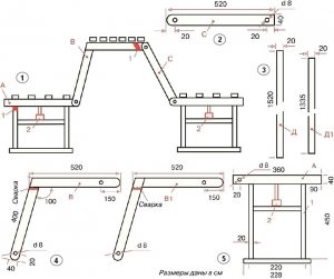 Рис. 6. Схема создания скамейки-трансформера: 1 - кинематическая схема трансформера в положении «стол» (1 - ограничители положения В (труба 20x20 мм, длина 35-49 мм), 2 - опорный стержень); 2 - деталь С (труба 40x20 - 2 шт.); 3 - соединительные перемычки (труба 20x20 мм). Д — для наружной скамейки, Д1 —для внутренней; 4 - детали В, В1 (труба 40x20 мм). В1 зеркальна по отношению к В; 5 - ножка скамейки (4 шт.), где: А - стальная труба 40x20 мм, 1 - перемычки (труба 20x20 мм - 4 шт.), 2 - опорный стержень Рис. 6. Схема создания скамейки-трансформера: 1 - кинематическая схема трансформера в положении «стол» (1 - ограничители положения В (труба 20x20 мм, длина 35-49 мм), 2 - опорный стержень); 2 - деталь С (труба 40x20 - 2 шт.); 3 - соединительные перемычки (труба 20x20 мм). Д — для наружной скамейки, Д1 —для внутренней; 4 - детали В, В1 (труба 40x20 мм). В1 зеркальна по отношению к В; 5 - ножка скамейки (4 шт.), где: А - стальная труба 40x20 мм, 1 - перемычки (труба 20x20 мм - 4 шт.), 2 - опорный стержень