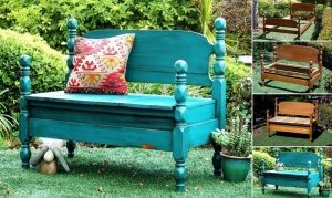 Оригинальная скамейка, изготовленная из старой деревянной кровати Оригинальная скамейка, изготовленная из старой деревянной кровати