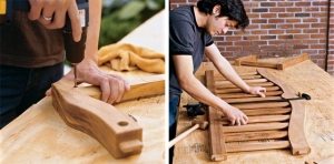 Деревянные качели-скамья, шаг 3: фиксация соединенных деталей саморезами Деревянные качели-скамья, шаг 3: фиксация соединенных деталей саморезами