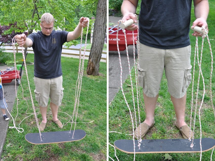 Детские качели из скейтборда, шаг 4: протягивание веревки в отверстия доски и брусков-подлокотников