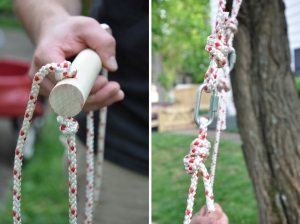 Детские качели из скейтборда, шаг 5: закрепление созданной конструкции на дереве с помощью карабинов Детские качели из скейтборда, шаг 5: закрепление созданной конструкции на дереве с помощью карабинов