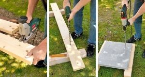 Рис. 1-2. Порядок изготовления садовой скамейки из дерева и бетонных плит: 1 - подготовка деревянных деталей; 2 - разметка досок, просверливание отверстий в них; 3 - разметка бетонных плит, просверливание отверстий в плитах Рис. 1-2. Порядок изготовления садовой скамейки из дерева и бетонных плит: 1 - подготовка деревянных деталей; 2 - разметка досок, просверливание отверстий в них; 3 - разметка бетонных плит, просверливание отверстий в плитах