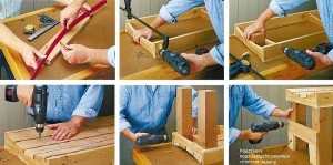 Рис. 2-2. Порядок сборки деревянной скамейки с вогнутым сиденьем Рис. 2-2. Порядок сборки деревянной скамейки с вогнутым сиденьем