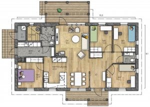 Вариант планировки деревянного дома из бруса площадью 124 кв.м Вариант планировки деревянного дома из бруса площадью 124 кв.м