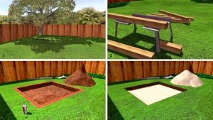 Рис. 2-1. Пошаговая инструкция по строительству песочницы: 1 - выберите место для песочницы (длина стороны = 1,8 м); 2 - подготовьте материал; 3 - выкопайте яму глубиной 15-20 см; 4 - добавьте слой пека (5 см) Рис. 2-1. Пошаговая инструкция по строительству песочницы: 1 - выберите место для песочницы (длина стороны = 1,8 м); 2 - подготовьте материал; 3 - выкопайте яму глубиной 15-20 см; 4 - добавьте слой пека (5 см)