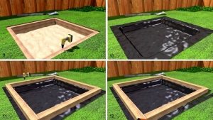 Рис. 2-3. Пошаговая инструкция по строительству песочницы: 9 - просверлите отверстия и скрепите доски шурупами по 3 шт с каждой стороны; 10 - положите слой полиэтилена или геотекстиля; 11 - установите третий ряд досок, скрепите его шурупами с нижним рядом (шурупы в третьем ряду досок не должны располагаться непосредственно над шурупами, установленными во втором ряду); 12 - обрежьте лишний материал ножницами или ножом Рис. 2-3. Пошаговая инструкция по строительству песочницы: 9 - просверлите отверстия и скрепите доски шурупами по 3 шт с каждой стороны; 10 - положите слой полиэтилена или геотекстиля; 11 - установите третий ряд досок, скрепите его шурупами с нижним рядом (шурупы в третьем ряду досок не должны располагаться непосредственно над шурупами, установленными во втором ряду); 12 - обрежьте лишний материал ножницами или ножом