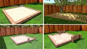 Рис. 2-4. Пошаговая инструкция по строительству песочницы: 13 - засыпьте предварительно очищенный и просеянный песок; 14 - вы можете сделать откидную крышку или же, следуя дальнейшим инструкциям, крышку, преобразующуюся в две скамейки; 15 - возьмите 8 столбиков (четыре на одну скамейку) 10х10 см (длина определяется высотой песочницы); 16 - нарежьте доски нужной длины, прикрепите их к столбикам при помощи шурупов, удостоверьтесь в прочности и устойчивости конструкции Рис. 2-4. Пошаговая инструкция по строительству песочницы: 13 - засыпьте предварительно очищенный и просеянный песок; 14 - вы можете сделать откидную крышку или же, следуя дальнейшим инструкциям, крышку, преобразующуюся в две скамейки; 15 - возьмите 8 столбиков (четыре на одну скамейку) 10х10 см (длина определяется высотой песочницы); 16 - нарежьте доски нужной длины, прикрепите их к столбикам при помощи шурупов, удостоверьтесь в прочности и устойчивости конструкции